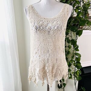 Papaya Ivory White Knitted Boho Open Knit Earthy Sleeveless Blouse - M/L